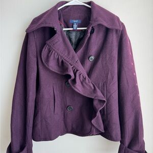 Chaps Plum Double-Breasted Pea Coat With Ruffle Detail Size Large